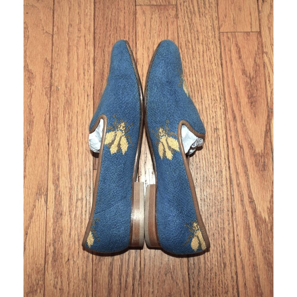 Zalo Women's 6.5 M Shoes Needlepoint Loafers Honey Bee Blue Flats Embroidered - Picture 2 of 5
